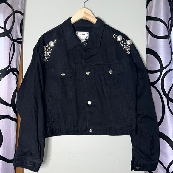 90s vintage black denim jacket, bedazzled gem sparkling jacket coat - Picture 1 of 12